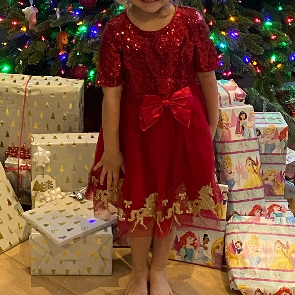 Girls Formal Red dress with Gold Color Sparkle Unicorns! - Picture 3 of 8